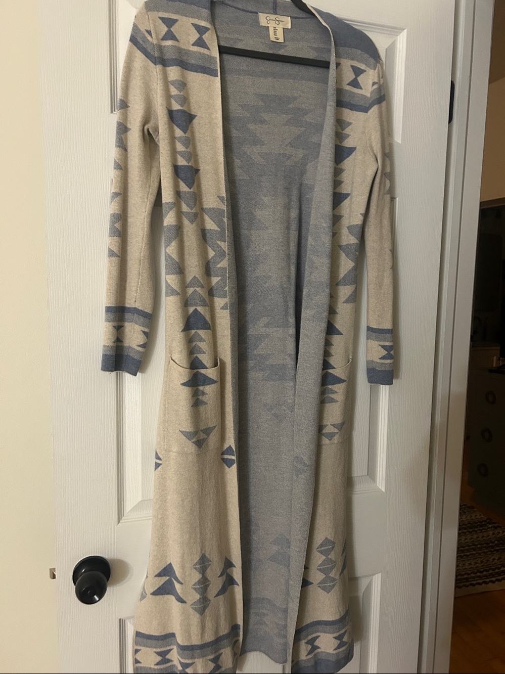 Women’s cardigan Cream & Blue Patterned Open Cardigan Sweater